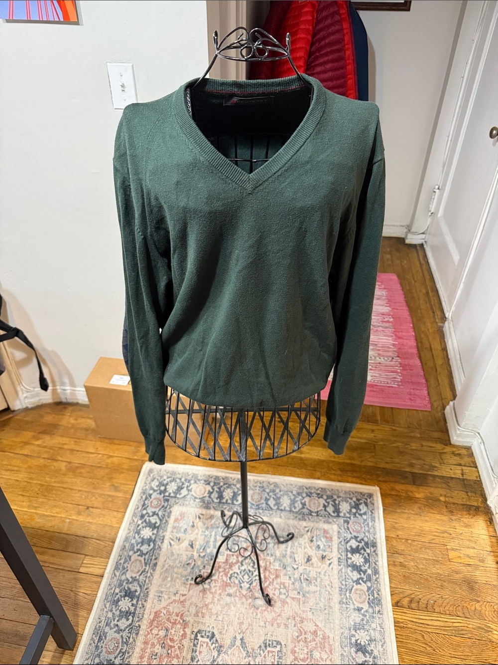 Peuterey Women's V-Neck Sweater in Forest Green with argyle elbow patches